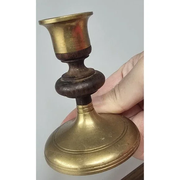 Vintage Pair of MCM Teak Wood & Brass Candle Stick Holders Tapered 3.5" - Picture 8 of 12